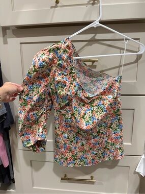 Zara One-Shoulder Floral Blouse in White, Orange, Blue and Green